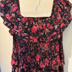Black and Pink Floral Ruffled Blouse with Flutter Sleeves